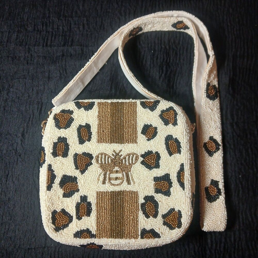 Beaded Bee And Leopard Crossbody Statement Bag 7.5"×7.5"×2" Goldtone Hardware